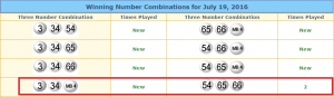 July 19th's Three-Number Combo highlighted in red box. Taken from lotterytrend-megamillions.com