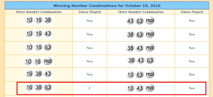 Snippet of Three-Number Combinations from lotterytrend-powerball.com. The repeating Combination is in the red box.