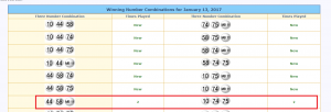 Repeating Three-Number Combinations highlighted in red box. Snippet from lotterytrend-megamillions.com.